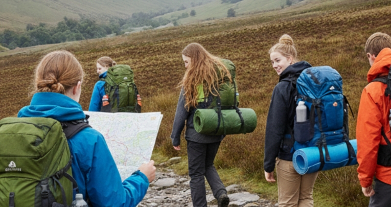 A group of students hiking with rucksacks