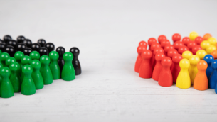 Two opposing groups of wooden counters, representing Citizenship
