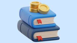 Coins on top of book, representing financial education in schools