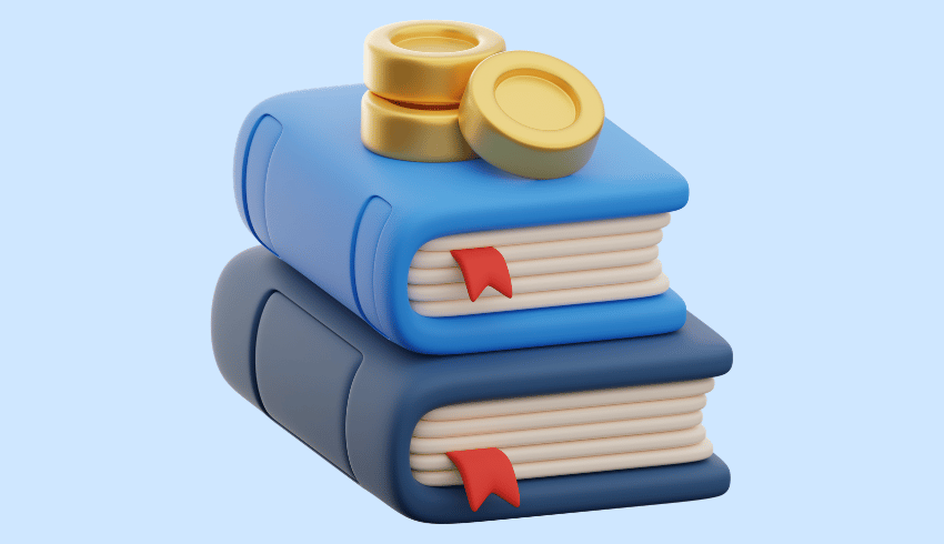 Coins on top of book, representing financial education in schools