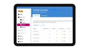 A tablet displaying the Sumdog maths and spelling platform