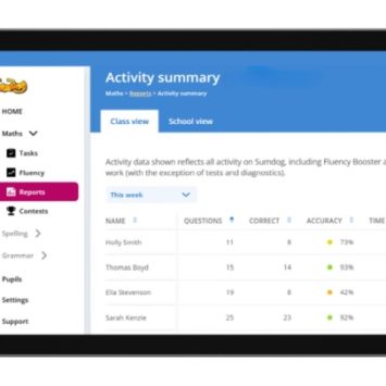 A tablet displaying the Sumdog maths and spelling platform