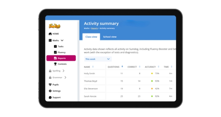 A tablet displaying the Sumdog maths and spelling platform
