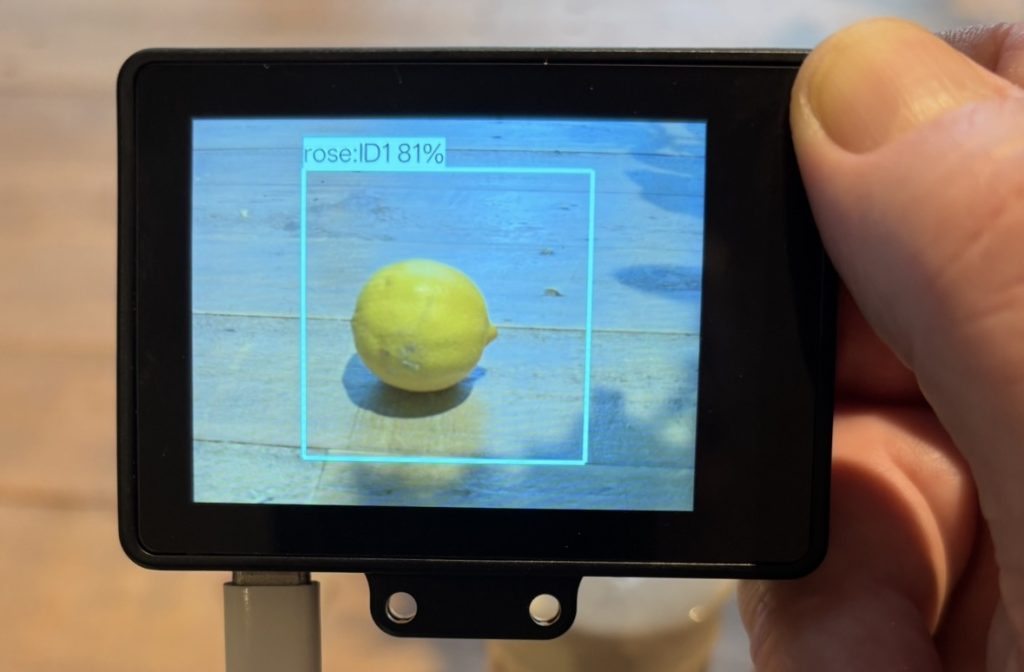 The HuskyLens 2 AI Vision Sensor assessing a lemon