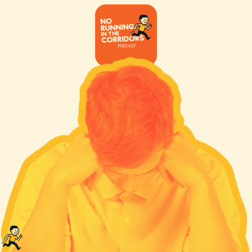 Boy with head in hands, below No Running in the Classroom logo