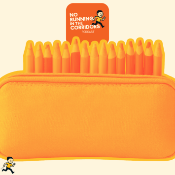 Pencils and pencil case, under No Running in the Classroom logo