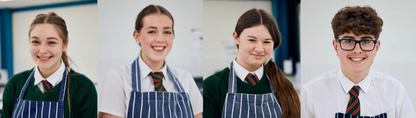 School students wearing aprons in D&T