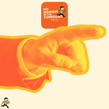 Pointing finger below No Running in the Classroom logo